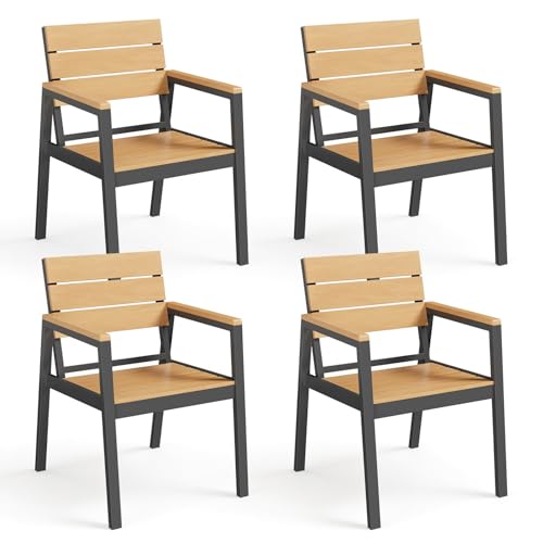 Devoko Chaises de Jardin Lot de 4, HDPS Chaises d'Extérieur en Aluminium Résistantes Imperméables avec Finition à Veine de Bois, Assise de Taille...