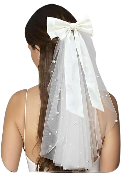 Shidara 1 Pcs Luxury Bride Wedding Bow Knot Veil White Tulle Hair Clip Bridal Pearl Short Veils Bachelorette Party Hair Accessories for Women