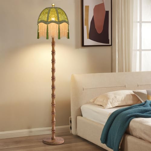 Image of ZECOXOL Wood Floor Lamps for Living Room Boho Rustic Floor Lamp with Remote Control,Dimmable Vintage Floor Lamp Green Mid Century Modern Standing Lamp Pole Tall Fringe Floor Lamp for Bedroom Corner