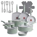 T-FAL Refresh Ceramic Nonstick Cookware Set, 20-Piece, Oven Safe to 350°F, Stockpot, Ceramic Pots and Pans Set, Frying Pans, Griddle, Utensils, Mint Green