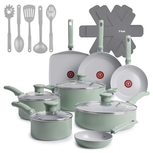 Deal: T-Fal Refresh Ceramic Nonstick Cookware Set, 20-Piece, Oven Safe to 350°F, Stockpot, Ceramic Pots and Pans Set, Frying Pans, Griddle, Utensils, Mint Green