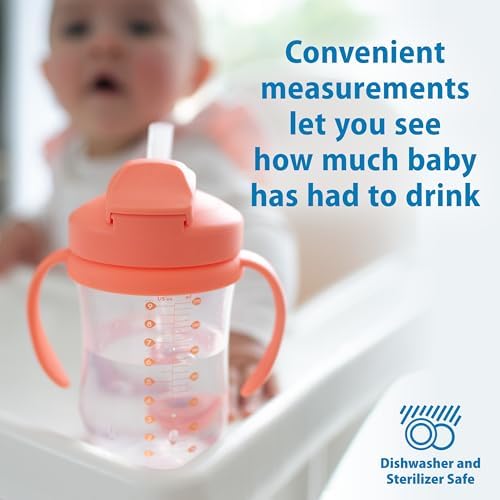Dr. Brown's Milestones Baby's First Straw Cup, Training Cup with Weighted Straw, 9 oz/270 mL, BPA-free, 6m+, Coral/Olive Green, 2-Pack - 2