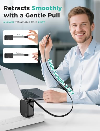 Image of 2-in-1 Retractable Wall Charger Plug with USB C Port and 27in /70cm Type C Cable,Travel Essentials 30W Fast Charging Foldable Block for iPhone 16 /15 /,iPad,Galaxy,Pixel-Black
