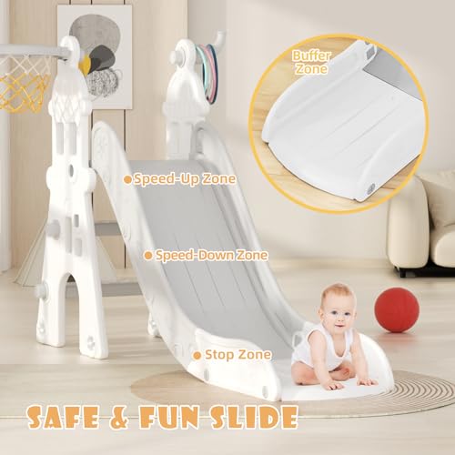 67i Toddler Slide for Kid & Baby with Basketball Hoop & Ring Toss- Outdoor Play Equipment with Extra Long Slide, 3-Step Climber for Ages 1-3 (Grey White)