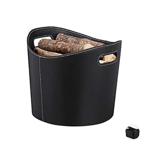 Relaxdays, Zwarte haardhoutmand kunstleer L, stabiele brandhoutmand met handgrepen, voor brandhout en kranten, ovaal, L