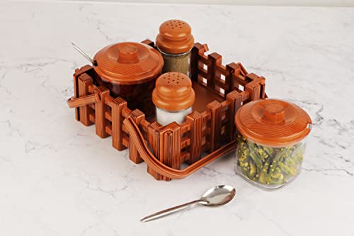 Image of Nabhya Complete Dining Table Set of Pickle Jars, Salt and Pepper Dispenser, Toothpick Holder and Spoon Holder(Wooden Look Design, Plastic) (Woodland)