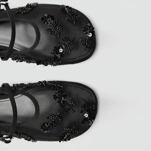 Trendenzy Womens Mesh Ballet Flats Shoes Embroidered Floral Mary Jane Flat Round Toe Ankle Strap Ballerina Shoes3