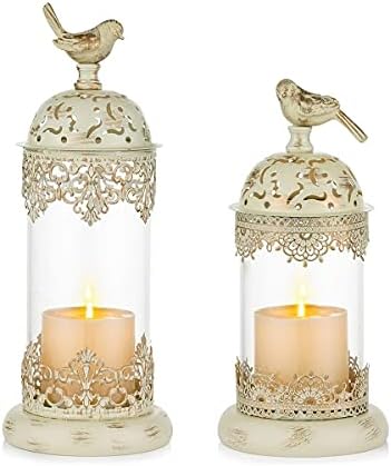 Romadedi Candle Holders Moroccan Decorative Lantern - Tabletop Decorative Accent Candle Holder for Pillar Set of 2 for Home Living Room Mantel Patio Coffee Table Centerpiece Decor, Distressed Ivory