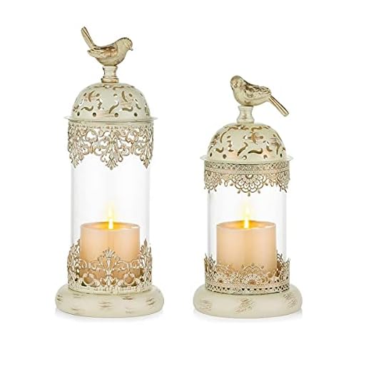 Romadedi Candle Holders Moroccan Decorative Lantern - Tabletop Decorative Accent Candle Holder for Pillar Set of 2 for Home Living Room Mantel Patio Coffee Table Centerpiece Decor, Distressed Ivory