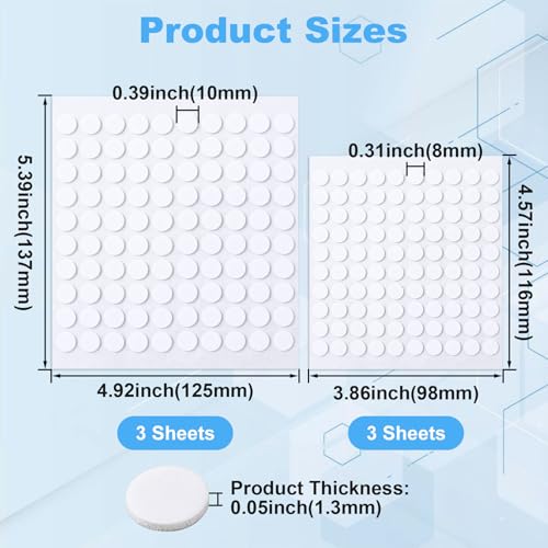 Joez Wonderful 6 Sheets Foam Adhesive Dots, 600 Pcs Total Sticky Double Sided Adhesive Foam, 3D Mini Foam Stickers for Art Crafts, Glue Dots for Scrapbooking, 2 Sizes (0.31in/8mm, 0.39in/10mm)
