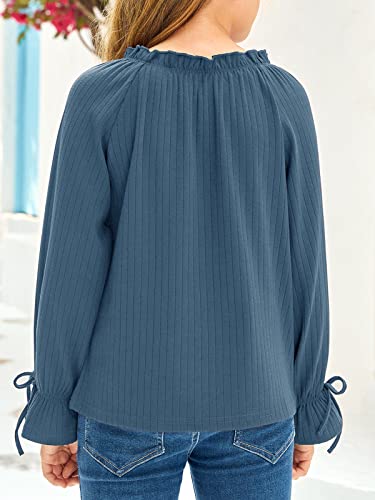 Saudacdn Girls Long Sleeve Ribbed Shirts Casual Knit Loose Round Neck Tee Puff Ruffle Drawstring T Shirt Blue #TOP4