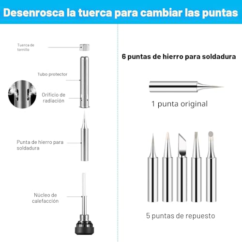 Miniatura 3 de Vfandv Soldador De Estaño, 60w Kit Del Soldador Electrico De Temperatura Ajustable 200-500 Con 5 Puntas Alambre De Soldadura 10g Y Soporte, Soldador Estaño Para El Uso Diversamente Reparado