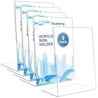 Auzkong A5 Sign Holders, Acrylic Slant Sign Holders, Clear Plastic Display Stand, Acrylic Paper Signs Holder Photo Frame for Restaurants Hotels Menu Stores Office (A5-5 Pack)