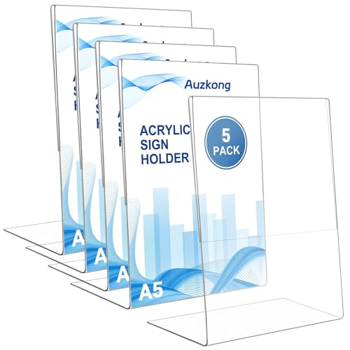 Auzkong 5 Pezzi Acrilico Espositore A5, Espositores per Cartelli, in Porta Menu in Acrilico Trasparente, Forma di L in Acrilico A5 Espositore per Ristoranti Hotel Menù Negozi Ufficio