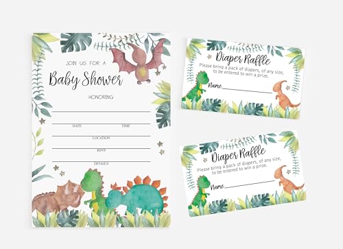 All Ewired Up 50 Baby Shower Invitations and 50 Envelopes and 50 Diaper Raffle Tickets, Dinosaur Theme