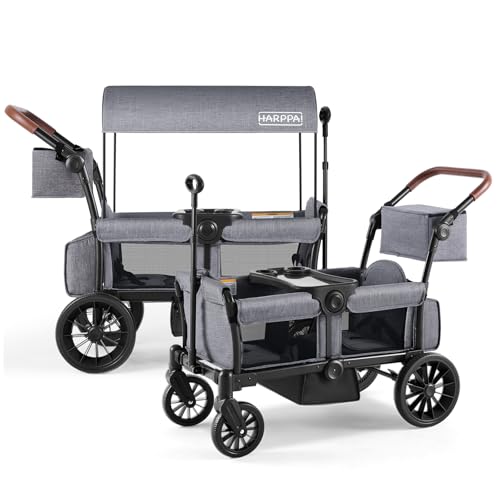 HARPPA All-Terrain Wagon Stroller for 2 Kids, Foldable Outdoor & Beach Stroller Wagon with Removable Canopy, Adjustable Push & Pull Handle, Footwell & Large Storage, Grey