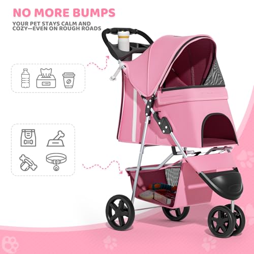 Image of Magshion 3-Wheel Pet Stroller, Foldable Travel Jogger for Small & Medium Dogs & Cats (Up to 33lbs), Lightweight Carrier with Breathable Mesh Cover, Cup Holder & Storage Basket, Pink