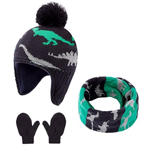 ACTLATI Winter Dinosaur Boy Winter Hat Scarf Mittens Set Warm Beanies Earflap Fleece Pompom Lining Cap for Toddler Kids