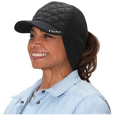 TrailHeads Women's Winter Ponytail Hat | Trucker Hat with Drop Down Ear Warmers | Quilted Hat - Black Cover