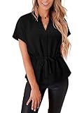 KISSMODA Ladies Button Down Blouses Collared Batwing Short Sleeve Shirts Trendy Dressy Peplum Chiffon Tops B Black