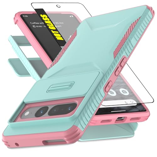 AWZHYDT for Google Pixel 7 Pro 5G Case with Built-in Slide Camera Cover & Screen Protector [2 in 1] Heavy Duty Rugged Shockproof Protective Cover for Google Pixel 7 Pro 5G(Cyan/Pink)