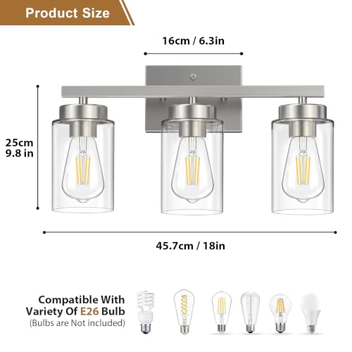 Image of IZORRO Bathroom Light Fixtures, Modern Vanity Lights, Bathroom Lighting Fixtures Over Mirror with Clear Glass Shade, Wall Sconce for Living Room Cabinet Bedroom (Brushed Nickel, 3-Light)