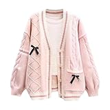 Shebote Womens Cute Sweet Cardigan Sweater Long Sleeve V-Neck Bowknot JK School Uniform Cardigans Knitted Sweaters(0442-Pink-M)