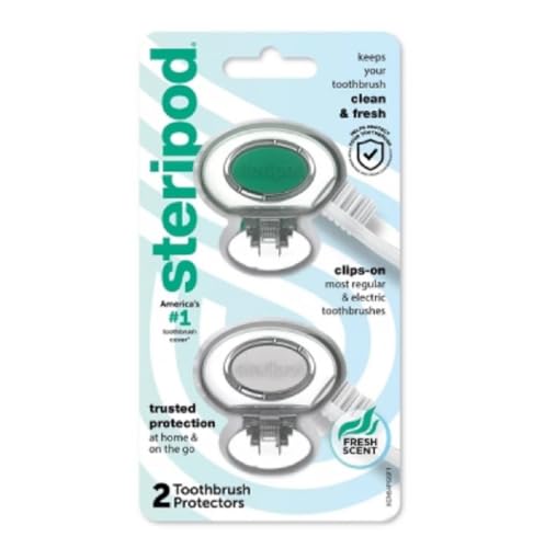 Image of Steripod Clip-on Toothbrush Protector, Green /Silver, 2 Count (Pack of 12)