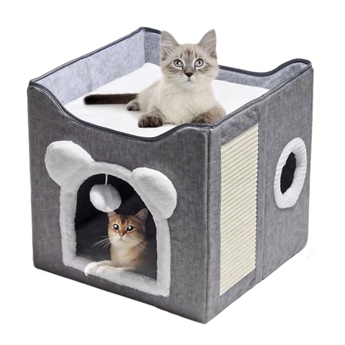 BomDa Cat Bed for Indoor Cats - Large Foldable Cat Cave for Pet, Cat House with Scratch Pad & Round Window & Fluffy Hanging Ball, Covered Cat Hideaway, 15x15x15 inches (Grey, 15