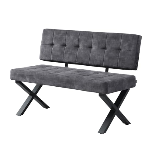 B&D home® Sitzbank Karen 120cm – gepolsterte Esszimmerbank mit Rückenlehne, X-Metallgestell schwarz, Webstoff/Microfaser in Anthrazit, modern Industrial Design für Esszimmer, Küche & Flur