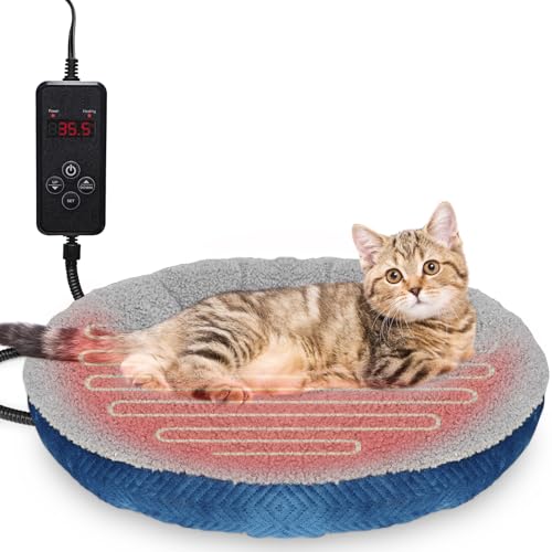 NAMOTEK Heated Cat Beds for Indoor Cats Round Warming Cat Beds Super Soft Machine Washable Thermo Kitty Electric Heating Bed Brown 20 Inches Round