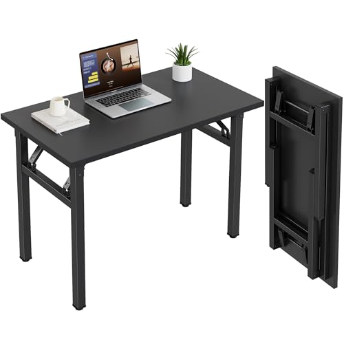 Image of Need 35.8 Inch Folding Desk for Small Spaces, Home Office Computer Desk with Wood Top & Black Frame, Foldable Writing Table for Study, Bedroom, Dorm Room & Student, Black