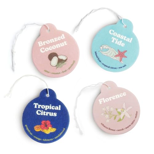 Image of Happy Wax Summer Mix Car Charms 4-Pack Included Scents: Coastal Tide, Bronzed Coconut, Tropical Citrus, Florence