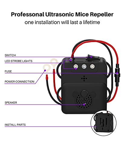 Under Hood Rodent Repeller, Professional Mouse Repellent, Ultrasonic 12V Car Pest Repeller Squirrels, Pack Rat Deterrent For Cars Trucks Rv Engine Bay Warehouse Attic With Evictor Strobe Light 4 Pack #TOP5
