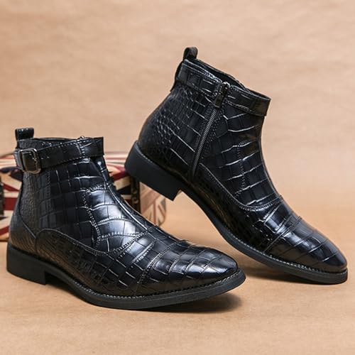 Men's Pattern Leather High Top Chelsea Boots with Buckle Strap Fashion British Style Pointed Toe Side Zipper Retro Business Dress Oxford Ankle Boots3
