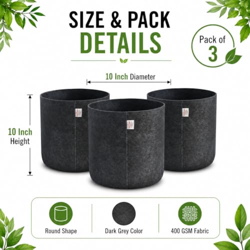 Image of Casa De Amor 400 GSM Geo Fabric Plant Grow Bag, Dark Grey 10 x 10 Inch Pack of 3, Round Fabric Pots for Terrace, Balcony, Flowers & Vegetable Gardening