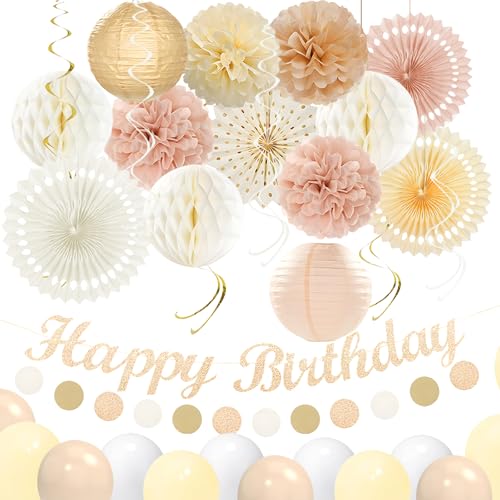 Image of Champagne-Gold Birthday Decorations for Women Girls,Pre-Strung Happy Birthday Banner,Boho Peach Pink Paper Lanterns Tissue Pom Poms Fan,Cream White Balloons,Girl Woman Party Backdrop Supplies
