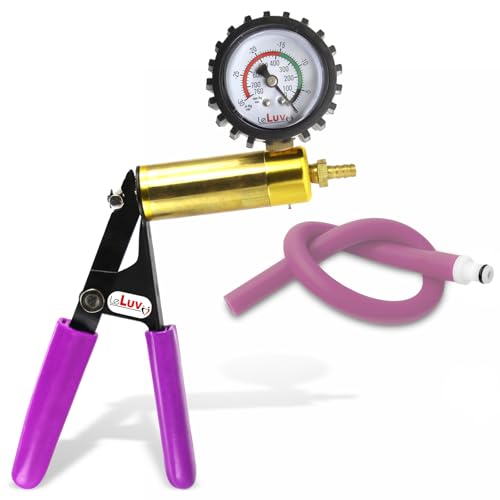 LeLuv Ultima Purple Vacuum Pump - Aluminum Alloy &amp; Brass Handle Manual Hand Vacuum (0-30 Hg, 0-760 mmHg), Gauge Installed with Protective Rubber Cover, Silicone Padded Grips with Hose &amp; Fitting