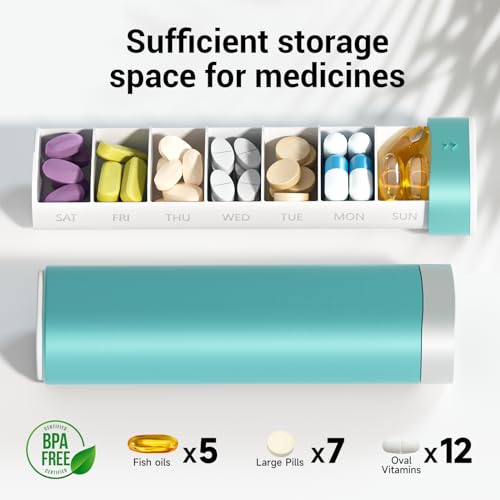 Image of Betife Travel Pill Organizer Weekly 7 Day, Compact Daily Pill Box, Portable Medicine Case for Vitamins Supplements, Drawer-Shaped (Green)