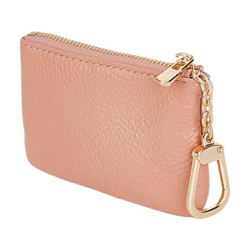Image of Full Grain Leather Coin Purse with Key Chain - Small Change Purse Keychain Card Holder Keychain Pouch Small Keychain Wallet for Women and Men (Pink)