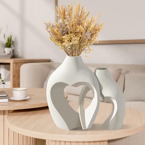 zexstar White Vases for Decor, Heart Shaped Ceramic Vase Set of 2, Nordic Modern Heart Vases, Minimalist Decorative Vase for Table Centerpiece Wedding Living Room House Decoration