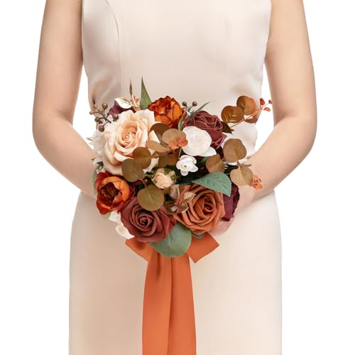 Ling's moment Terracotta Artificial Wedding Flower Bouquets for Bridesmaids Burnt Orange Floral Bouquet Rust Bridal Bouquets for Bridesmaids with Ribbon Ceremony Anniversary,7-inch Diameter