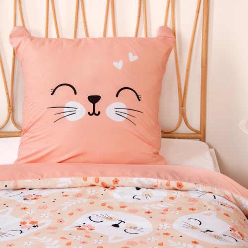 Housse de couette 140x200 enfant chat rose en microfibre avec taie d'oreiller