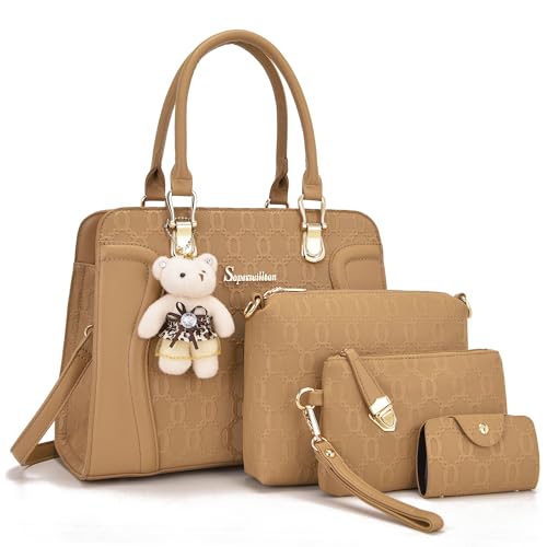 Image of Women's Fashion Handbag Tote Bag Shoulder Top Handle Satchel Purse Set 4pcs | Stylish Style,Chain Texture Design,Ample Space,Bear Doll Decoration,with a Crossbody Strap