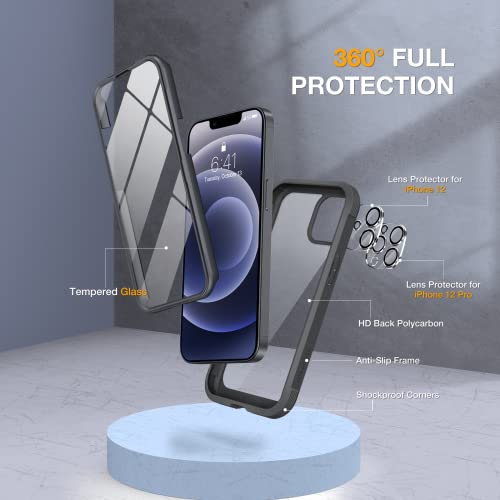 Image of Miracase Glass Series for iPhone 12 /12 Pro Case 6.1 inch, Upgraded Full-Body Rugged Phone Bumper Case Cover with Built-in 9H Tempered Glass Screen Protector and Camera Protector, Black