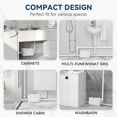 Image of 500W Utility Sink Pump with PCB Function Upgrade Structure Upflush to 23FT 1600GPH Under Sink Pump with 3 Water Inlets 1 Outlet Macerating Toilet System for Sink Shower Urinal Kitchen Basement