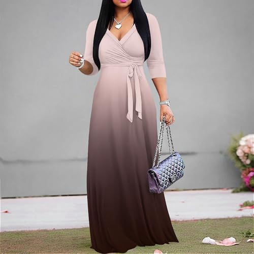 Image of PinkPatty Women's Plus Size Maxi Dresses Casual Flowy 3 /4 Sleeves Dress Printed Vacation Dress for Daily Wear with Belt