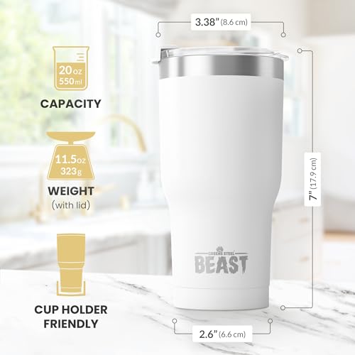 Image of Beast 30 oz White Tumbler Stainless Steel Insulated Coffee Cup with Lid, 2 Straws, Brush & Gift Box by Greens Steel (30 oz, Arctic White)