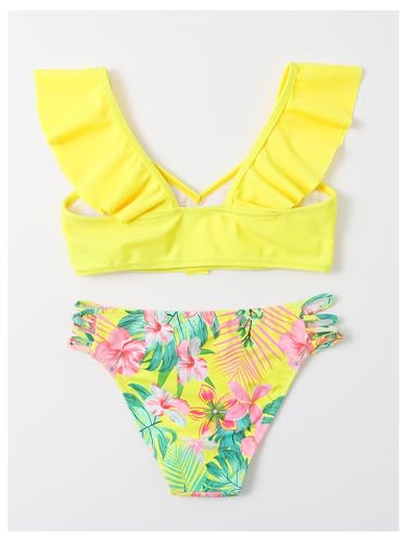 Floerns Girl's Bikini Set Tropical Print Ruffle Trim Cut Out 2 Piece Bathing Suit2