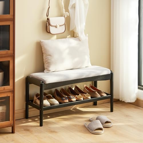 STDDRE Shoe Bench Entryway Bamboo 2-Tier Shoe Rack with Cushion